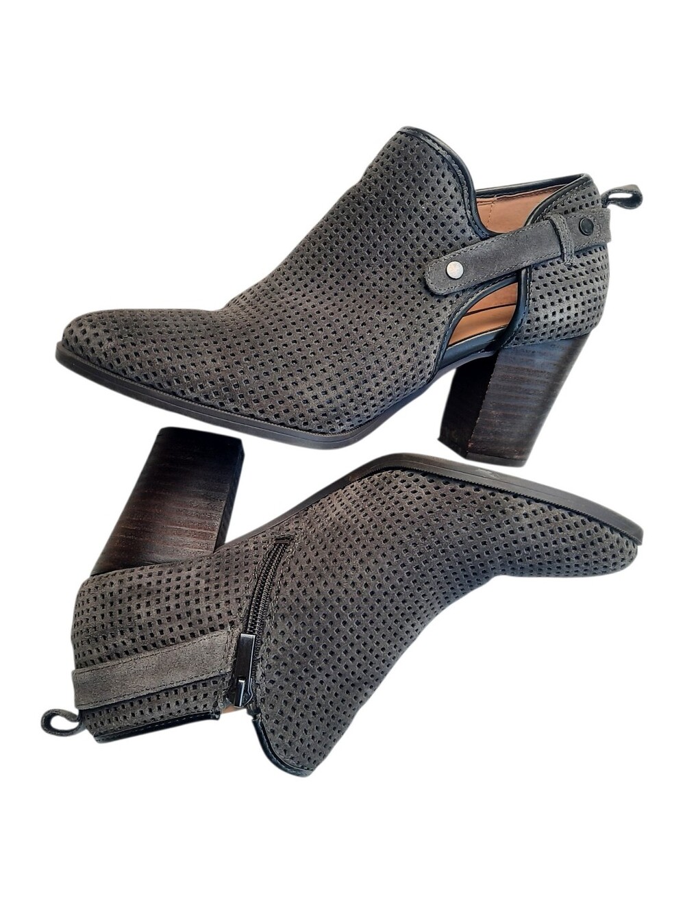 FRANCO SARTO Dale 2 Gray Perforated Suede Block Heel Ankle Booties Sz 10 M